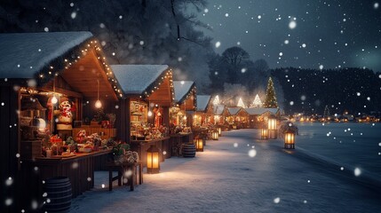 A cozy Christmas market by a frozen lake, with snow gently falling on the glowing stalls. Small wooden huts display handmade holiday gifts and ornaments