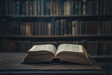 A vintage open book on a wooden table with bookshelves in soft focus, evoking a sense of nostalgia...