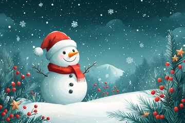 Fototapeta premium Merry christmas and happy new year greeting card with copy-space.Happy snowman standing in christmas landscape.Snow background.Winter fairytale