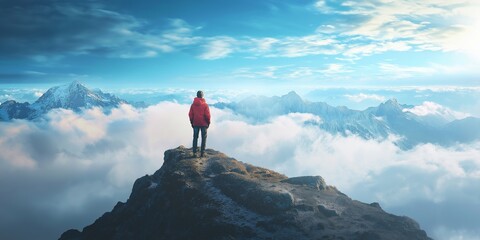 A lone hiker in a red jacket stands atop a peak, gazing at a breathtaking mountain view beneath scattered clouds.