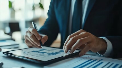 Businessman analyzing sales data on tablet with economic growth chart for strategic planning