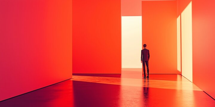 A lone figure walks amid towering red walls, spotlighting modern design and solitude.