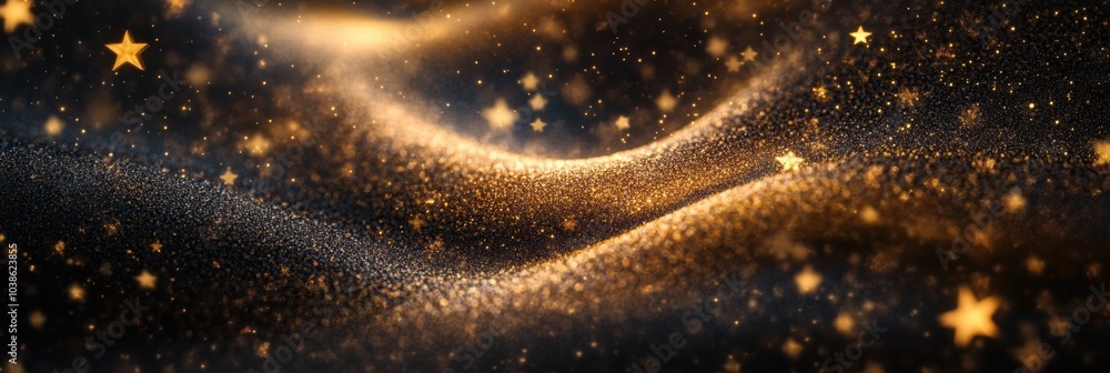 Poster golden spirals and shining stars create a mesmerizing pattern against a dark background, evoking a m