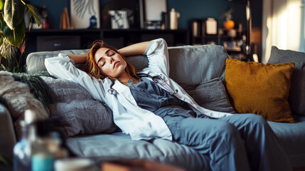 Obraz premium Relaxed Doctor Resting at Home After a Long Shift
