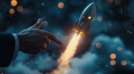 Naklejka premium Businessman touch rocket launch investment growth, planning and starting corporate business start up aiming objective value development leadership and customer target group.