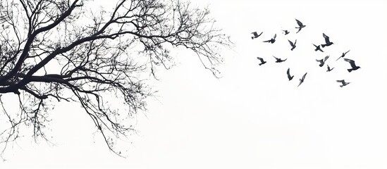 the combination of tree branches and birds with a very beautiful white background is very beautiful. 