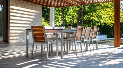 Obraz premium Modern metal patio furniture, featuring a dining table and chairs with a contemporary design, under a shaded pergola.