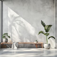 Sunlit minimalist interior featuring a wooden bench, potted plants, and concrete walls, creating a serene and modern atmosphere.