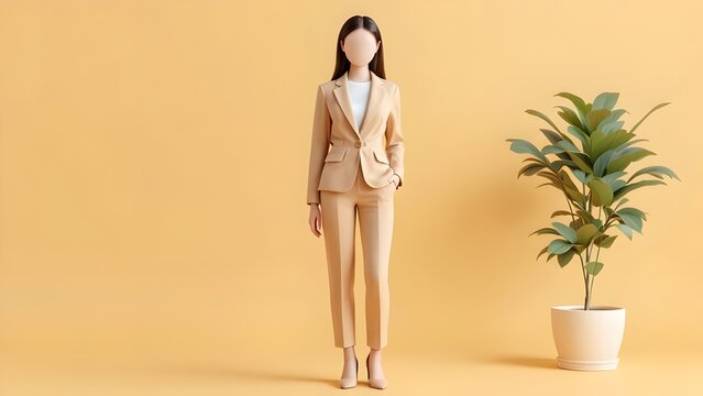 A businesswoman wearing a professional minimalist suit phototype cream color vase corporate executive