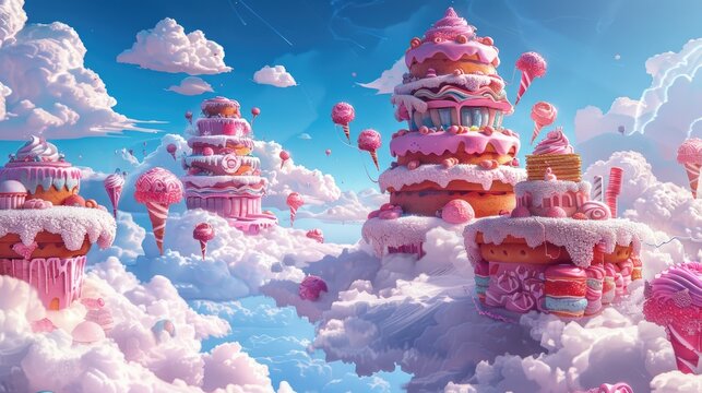 Whimsical candy-themed cloudscapes with floating cake structures and lollipop balloons.
