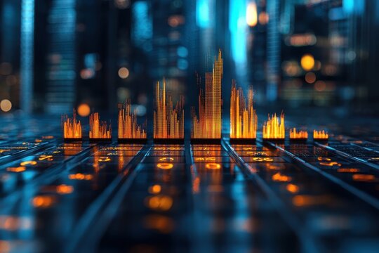 Stylized city skyline with vibrant orange data visualization on a digital surface at night