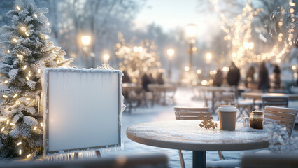 Fototapeta premium Winter Wonderland - Enchanting Outdoor Dining Experience, frosty at billboard