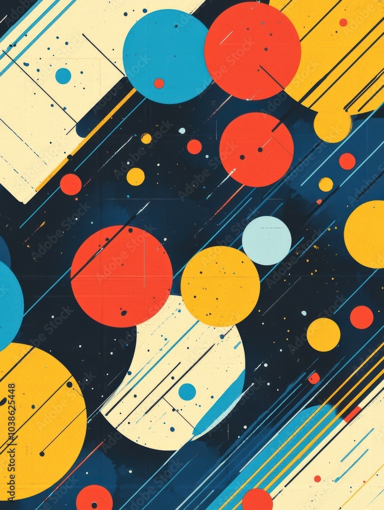 Poster the design showcases an abstract arrangement of colorful circles positioned along diagonal lines, cr