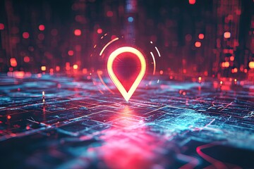 Digital map with glowing location marker on circuit-like background.