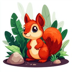 Fototapeta premium Cute cartoon squirrel standing proudly among green plants and rocks.