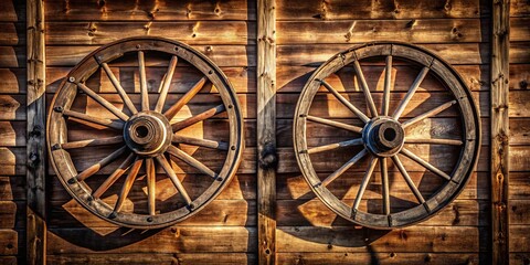 Two weathered wooden wagon wheels mounted on a rustic wooden wall, capturing the essence of bygone days and the enduring beauty of simple craftsmanship.