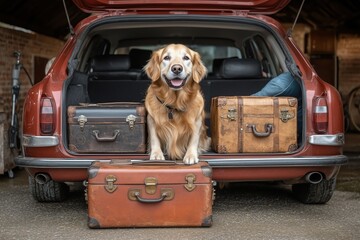 Happy golden retriever enjoying a summer road trip from the car trunk. Generative AI