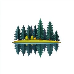 Obraz premium Forest trees with reflection in calm water, white isolate background.