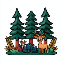 Naklejka premium Deer in a forest, surrounded by trees and greenery, white isolate background.