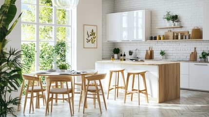 Obraz premium A bright kitchen showcasing new furniture, featuring a modern dining table and stylish bar stools.