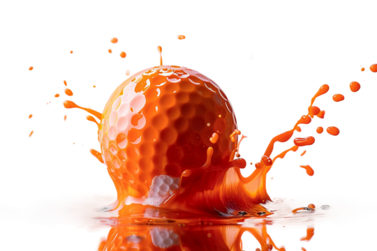 Golf ball surrounded by swirling orange paint droplets isolated on transparent background