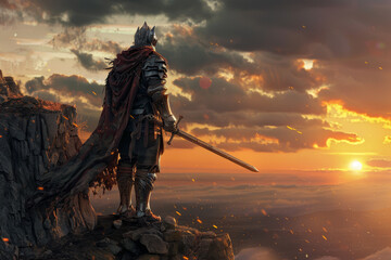 Fototapeta premium A knight stands on a rocky cliff overlooking a vast landscape