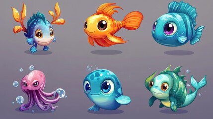 Sea creatures set, cartoon 2D art