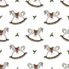 Christmas watercolour seamless pattern with rocking horse toy on transparent background 