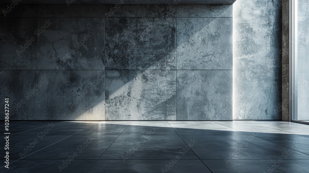 Poster sunlight streaming into a minimalist concrete interior with large windows, highlighting the modern d
