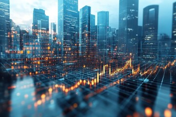 City skyline at dusk with digital data overlay illustrating stock market trends and activity