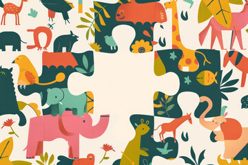 A puzzle of animals with a missing piece