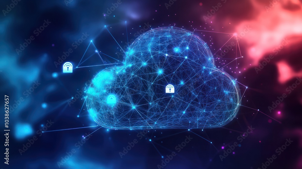 Poster cloud computing technology concept transfer database to cloud. there is a prominent large cloud icon