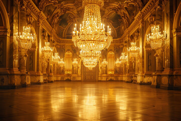 Naklejka premium A large room with gold chandeliers and a shiny floor
