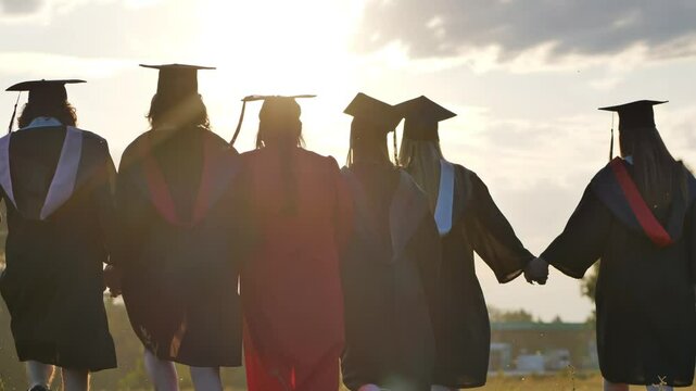 Group of five graduates walks hand in hand through a field at sunset, symbolizing unity and celebrating their success.