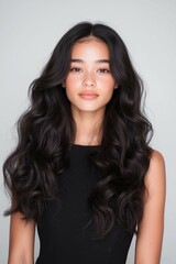 A Beautiful Young Woman with Long Wavy Hair Posing Confidently in a Studio Portrait
