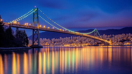 Fototapeta premium a beautifully lit suspension bridge spanning a calm body of water at night. The bridge's lights reflect off the water, creating a captivating display