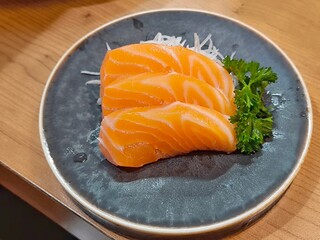 Fresh salmon sashimi. Raw fish. Japanese food. Food menu. Healthy eating concept