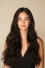 Naklejka premium A Beautiful Young Woman with Long Wavy Hair Posing Confidently in a Studio Portrait