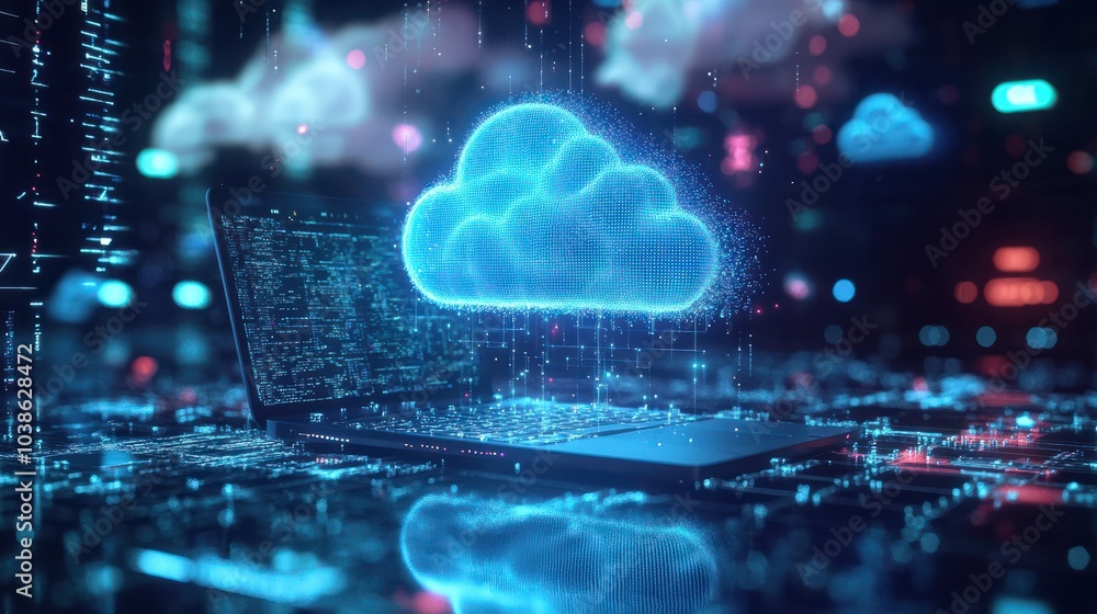 Poster cloud technology, computing. devices connected to digital storage in the data center via the interne