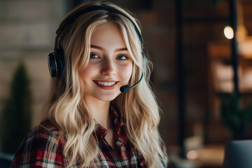 Young pretty blonde girl at indoor with telemarketer headset