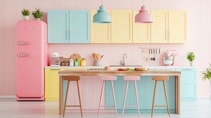 A colorful kitchen with pastel-colored cabinets and stools, creating a playful and lively space.