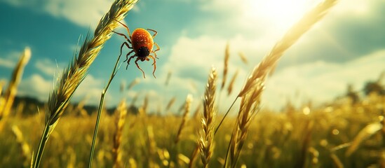 Tick on grass stalks with blue sky and sun shining in nature. 