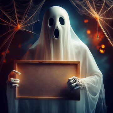 Etrange fant&ocirc;me spectral, avec un drap&eacute; transparent et textur&eacute;, mains faites d'entrelacement de nerfs, visage terrifiant, hurlant, tenant un cadre, arri&egrave;re-plan avec toiles d'araign&eacute;e