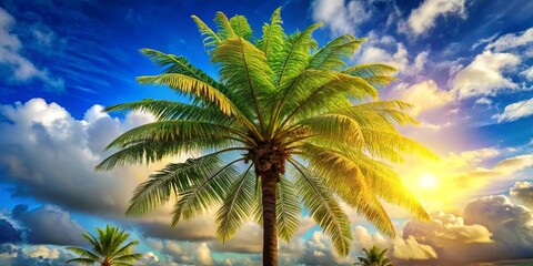 A Tall Palm Tree Silhouetted Against a Golden Sunset Sky, With Lush Green Fronds Reaching Upwards and White Puffy Clouds Floating in the Blue Sky