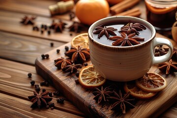 Cup of mulled wine with star anise and dried orange slices on a wooden board
