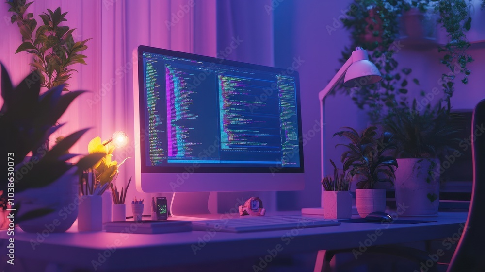 Poster cozy workspace at night featuring a computer screen with coding and data visualizations. the desk is