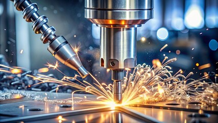 A precision industrial tool ignites a shower of sparks while it drills into a metal surface, demonstrating the power and precision of modern manufacturing.