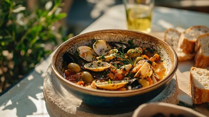 Bouillabaisse served in a wide, shallow bowl, placed on a sunny Mediterranean terrace background, with olives, herbs, and rustic bread scattered around