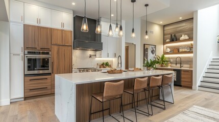 A contemporary kitchen with pendant lights hanging over the island and furniture, creating a stylish and well-lit space.