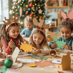 kids Making DIY Christmas Decorations with Fir Branches and Cones by a Snowy Winter Window, Fun Family Eco Christmas Preparation
